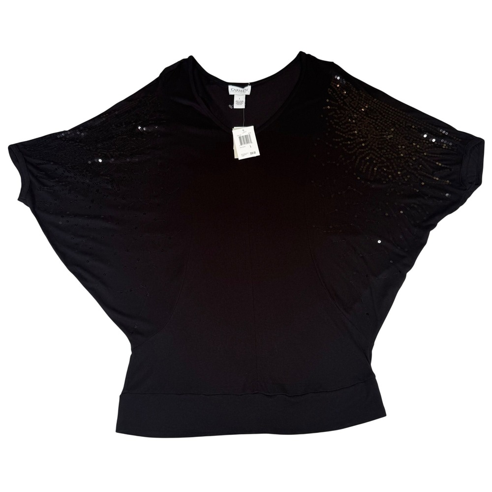 Carmen Marc Valvo Black Sequin Batwing Top Witchy Glam Chic V-Neck Large NWT